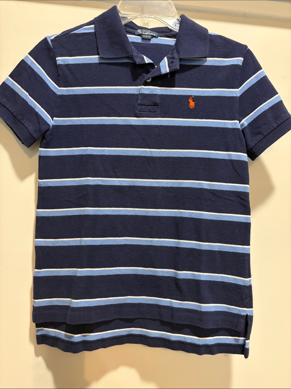 Polo by Ralph Lauren Navy & Light Blue Striped Polo with Orange Pony
